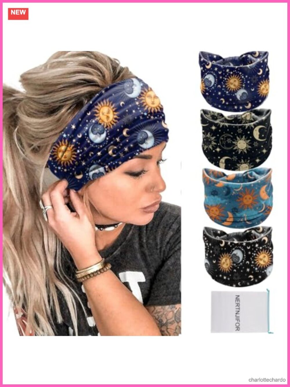 Wide Knotted Headbands 4 Pack Stars Moon Polyester Spandex Women's Hair